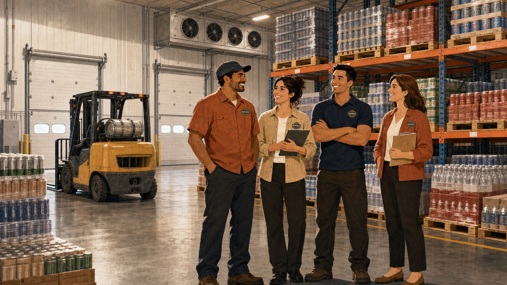 Illustration of four Romer Beverage team members inside a temperature-controlled beverage warehouse with cooled product storage
